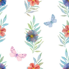 Fototapeta na wymiar Flowers and butterflies seamless pattern. Botanical watercolor pattern. Abstract ornament flowers, leaves and butterflies for design, print, packaging, wallpaper.