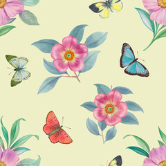 Flowers and butterflies seamless pattern. Botanical watercolor pattern. Abstract ornament flowers, leaves and butterflies for design, print, packaging, wallpaper.