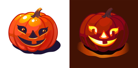 Funny halloween pumpkin with and without light. Isolated.