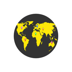 Location on globe. Pin on globe. Vector illustration.