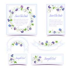 Vector set of invitation cards with floral elements. Sweet pea.