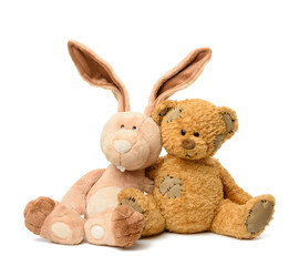 brown teddy bear and cute rabbit sit on white isolated background