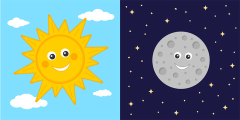 Day and night concept. Cute sun and moon characters. Sun on blue cloudy sky and moon on dark starry space background. Astronomy for kids. Vector cartoon illustration.