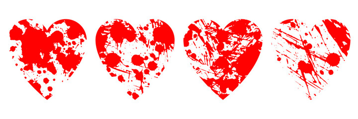 Set of 4 hearts with grunge texture blots. Overlay template. Vector illustration