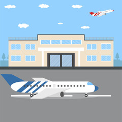 Airport terminal with aircraft flying plane. Vector illustration.