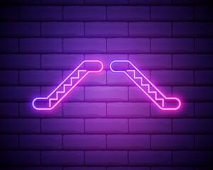 Neon light. Escalator staircase icon. Elevator moving stairs down and up symbol. Glowing graphic design. Brick wall. Vector .