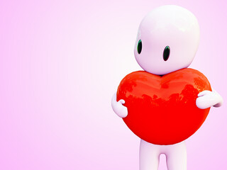 3D RENDER ILLUSTRATION. CLIPPING PATH on MAIN OBJECT. cartoon character sweets toy human hug valentine day love beautiful red heart balloon pillow. Copy space for add text on pink pattern background.