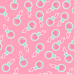 Happy Valentine's day seamless pattern.Test tube love fluid reaction laboratory bottle science romantic love theme. Heart shape. Love chemistry, elixir, potion seamless background.