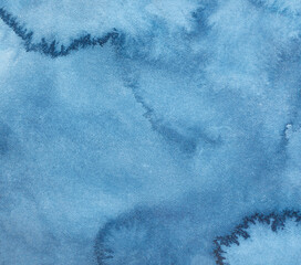 Abstract watercolor background with artistic brushstrokes, marks, stains, washes and dark blue colour. Beautiful water color illustration for modern design, creative poster, wallpaper, fashion print.