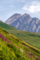 The mountains, meadows and lakes of the Aosta Valley near the town of La Thuile, Italy - August 2020.