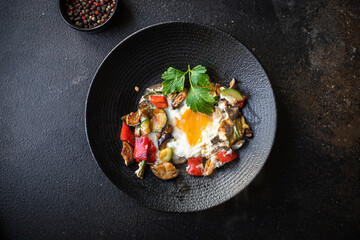 fried eggs vegetables omelet ready to eat on the table meal snack outdoor top view copy space for text food background rustic image keto or paleo diet