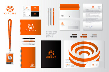 Circus logo for tourism and historical travel agency. Amphitheater icon, symbol of ancient art. Identity, corporate style. Badge, envelope, letterhead, letter, folder, notebook, business card. © Nataly