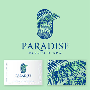 Paradise logo. Tropical spa  and resort emblem. Palm leaves into rounded frame and elegant letters. Identity. Business card.