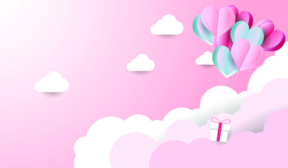 illustration of love and valentine day with heart baloon, gift and clouds. Paper cut style. Vector illustration
