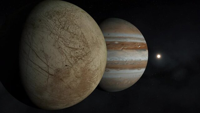 Jupiter and moons, Ganymede and Europe, planets of the solar system, Voyager, space and stars, NASA video, realistic 3D graphics, 3D Render, video, moving stars, space, planets, stars