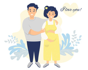 Fototapeta premium Happy family flat vector. A pregnant woman in a yellow overalls strokes her belly with her hands. Her husband hugs her. On a decorative background with the text - I love you. Vector flat illustration