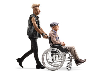 Punk pushing a disabled elderly man in a wheelchair