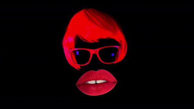 Woman with oversized red lips and hair talking against black background