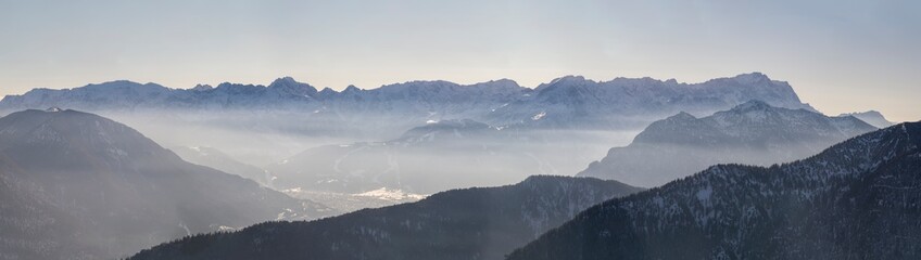 Full high res panorama of German Alps with Wank, Alpspitze, Zugspitze and Garmisch Partenkirchen