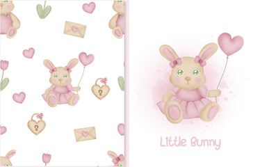 Cute pattern  and card with rabbit bunny and valentine's elements.