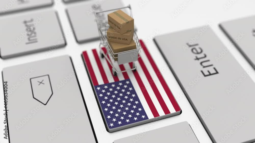 Poster boxes with made in usa text and shopping cart on the keyboard. conceptual looping 3d animation