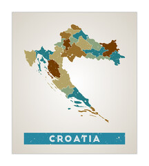 Croatia map. Country poster with regions. Old grunge texture. Shape of Croatia with country name. Captivating vector illustration.