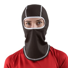 pretty brunette with long hair in a red shirt with a black balaclava with gray edging