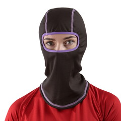 pretty brunette with long hair in a red shirt with a black balaclava with purple edging