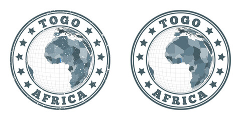 Togo round logos. Circular badges of country with map of Togo in world context. Plain and textured country stamps. Vector illustration.
