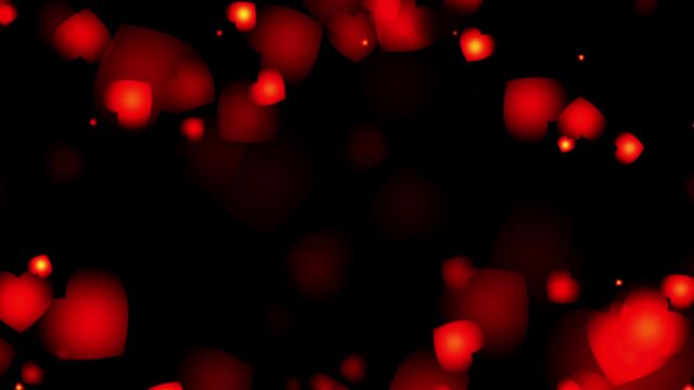 Abstract Glowing Red Hearts Particle Fade in and out bokeh floating on black screen background Loop Animation. 4K 3D loop. Love background effect for mothers day, Marriage, Valentines day, Wedding.
