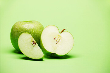 Raw fresh clean green apples — one solid with dew drops, one half and one slice isolated on the bright solid fond plain green background