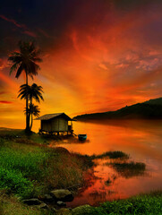 s=little house by the lake in the sunset 