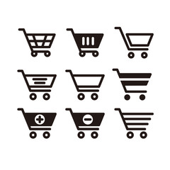 Set of Simple Flat Black Shopping Cart Icon Illustration Design, Various Silhouette Shopping Cart Symbol Collection Template Vector
