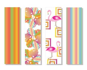 four bookmarks vector set with flamingos and tropical leaves in rainbow colors