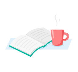 Cup and book, read and drink coffee or tea, flat vector illustration