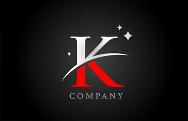 K alphabet letter logo for company and corporate in black red and white colors. Creative design with stars. Can be used for branding or logotype