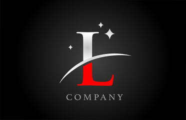 L alphabet letter logo for company and corporate in black red and white colors. Creative design with stars. Can be used for branding or logotype