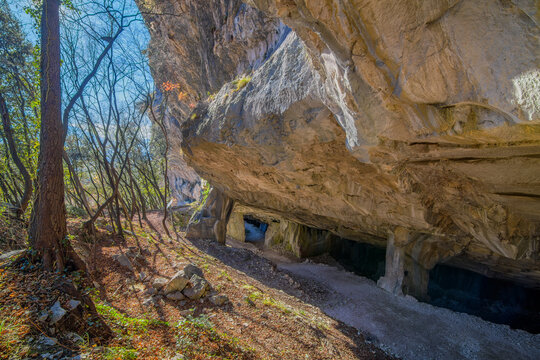 Beautiful Limestone cave, Old Oolitic stone quarries in Massone, The extracted stone, called "statuary stone"Arco, Italy. Bosco Caproni