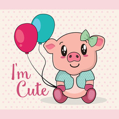 Cute Pig With Balloon illustration. icon concept isolated. flat cartoon style vector
