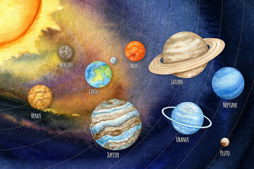 Watercolor planets of the solar system. Outer Space planet Mercury Venus Earth Mars Jupiter Saturn Uranus Neptune Pluto with Sun hand on night sky background. Our galaxy astronomy education material. © Svetlana