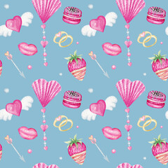 Seamless pattern heart Valentine's Day, love Greeting card concept. Watercolor texture for scrapbooking. Wedding, banner, poster design. Hand drawn pink hearts on blue background