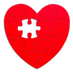 Red Heart. Puzzle heart shape with missing one piece. Medicine, doctor or Valentines day Concept. Love symbol on White isolated background.
