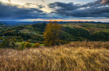 Majestic autumn rural scenery. Landscape with mountains  with morning fog