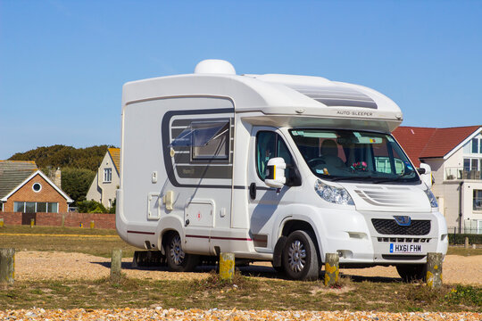 20 September 2019 A French manufactured Peugeot Auto Sleeper camper van parked up at the pebble beach at Hayley Island in Hampshire England