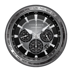 Realistic black silver clock watch face chronograph luxury on white background vector illustration.