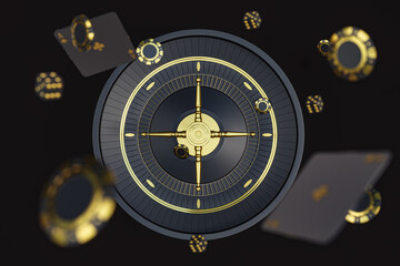 Casino roulette wheel black background 3d rendering