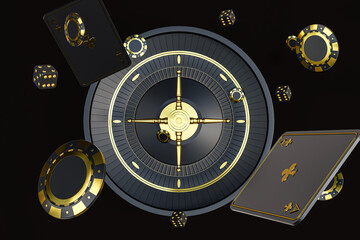 Casino roulette wheel black background 3d rendering