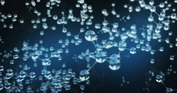 Molecule of water, atom in a liquid, science, biology or medical background, 3D render animation 4K