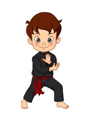 Cartoon karate boy wearing kimono training karate