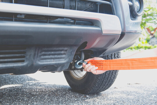 Hand Put Towing Car with Towing Rope Stock Photo - Image of